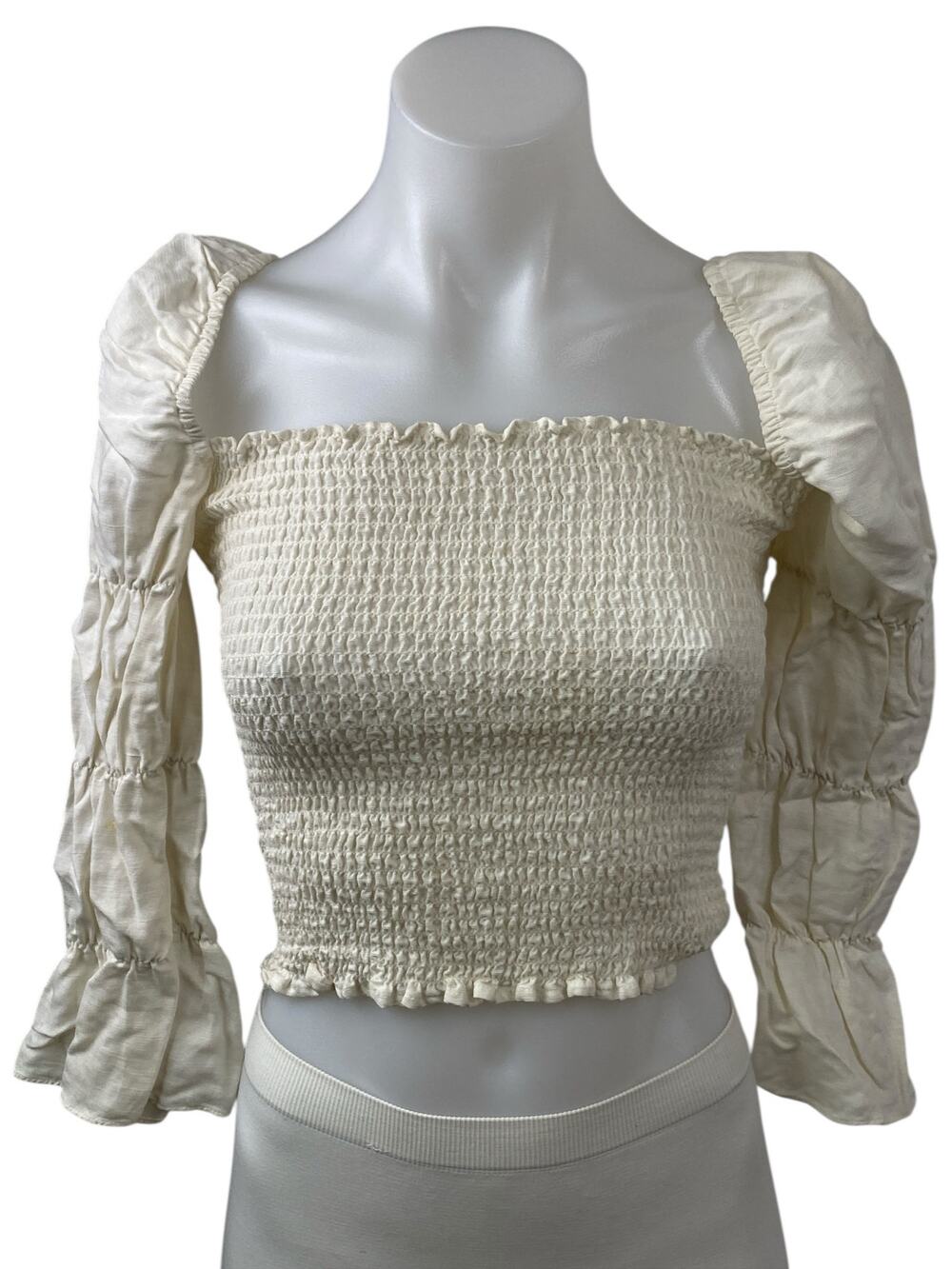 Reformation White Linen Smocked Square Neck 3/4 Puff Sleeve Crop Blouse Top XS